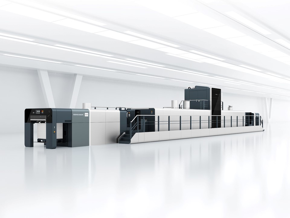 Perspective shot of the VariJET 106 digital sheetfed printing machine from Koenig & Bauer Durst